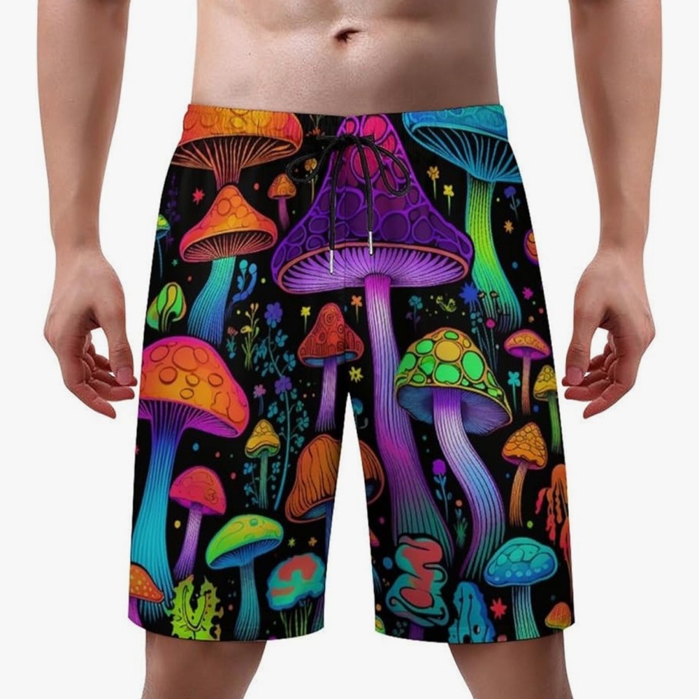 Acid psychedelic trippy board shorts festival rave men’s  burning man mushroom